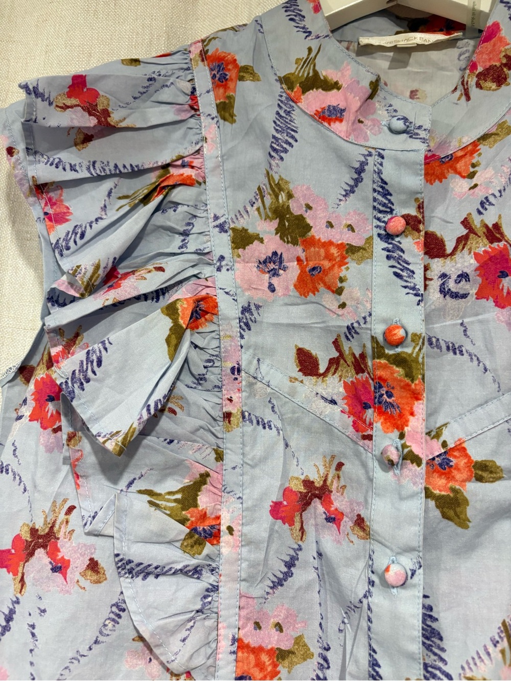 LoveShackFancy Light Blue Floral Ruffle Button Front Top - Picture 2 of 5